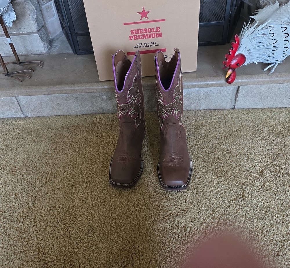 Women’s Brown Leather Western Boots with Pink Accent -